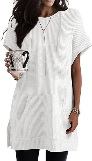 Casual Dresses- Versatile Knitwear Solid Mini Dress with Kangaroo Pocket- White- Chuzko Women Clothing