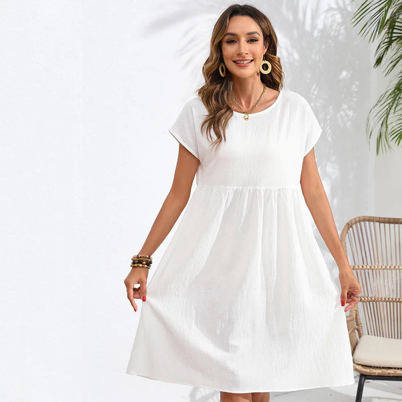 Casual Dresses- Women Cotton Linen Midi Dress for Any Setting- white- Chuzko Women Clothing