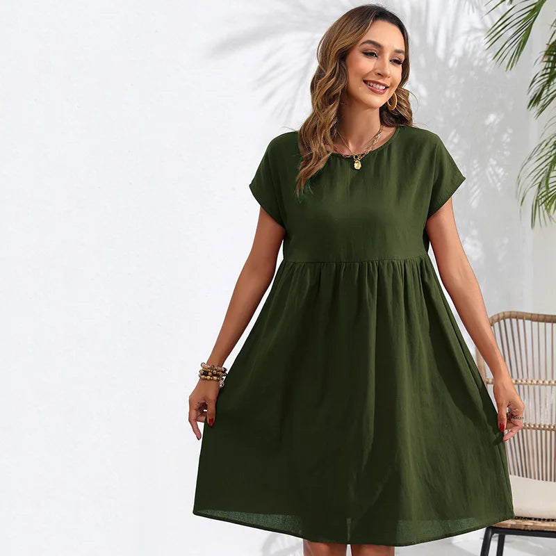 Casual Dresses- Women Cotton Linen Midi Dress for Any Setting- military green- Chuzko Women Clothing