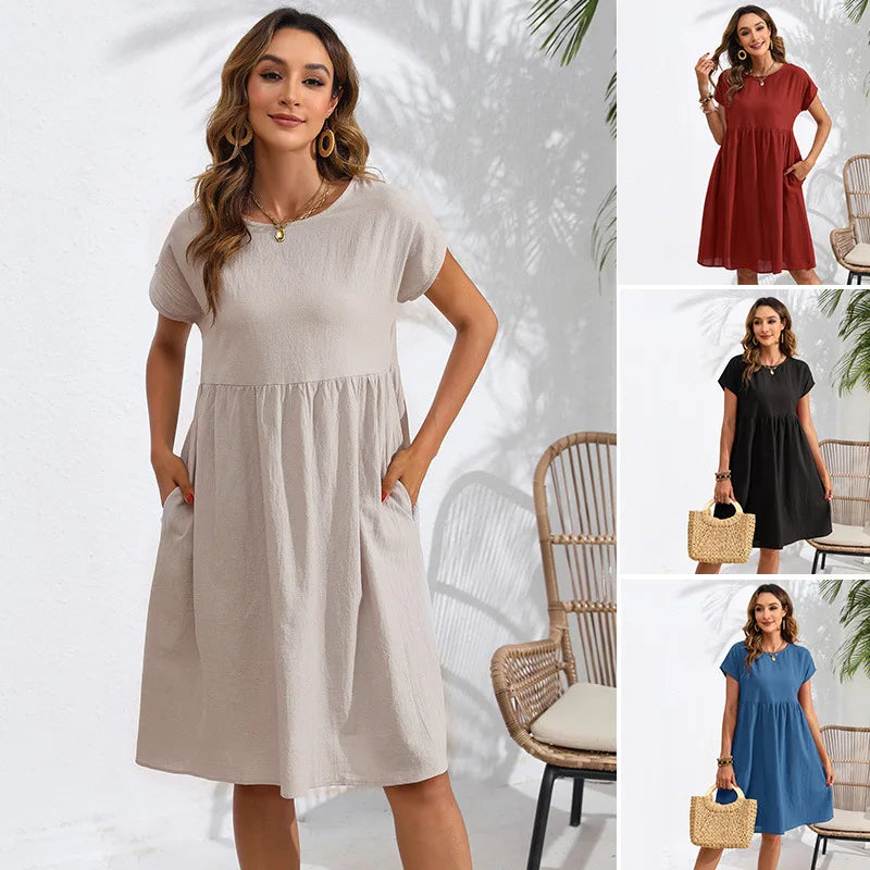 Casual Dresses- Women Cotton Linen Midi Dress for Any Setting- - Chuzko Women Clothing