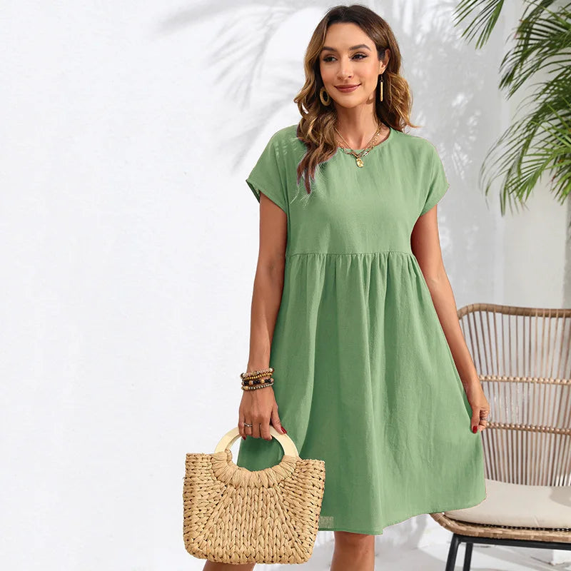 Casual Dresses- Women Cotton Linen Midi Dress for Any Setting- green- Chuzko Women Clothing
