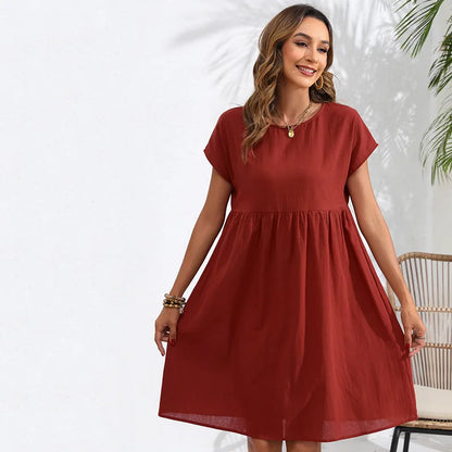 Casual Dresses- Women Cotton Linen Midi Dress for Any Setting- orange red- Chuzko Women Clothing