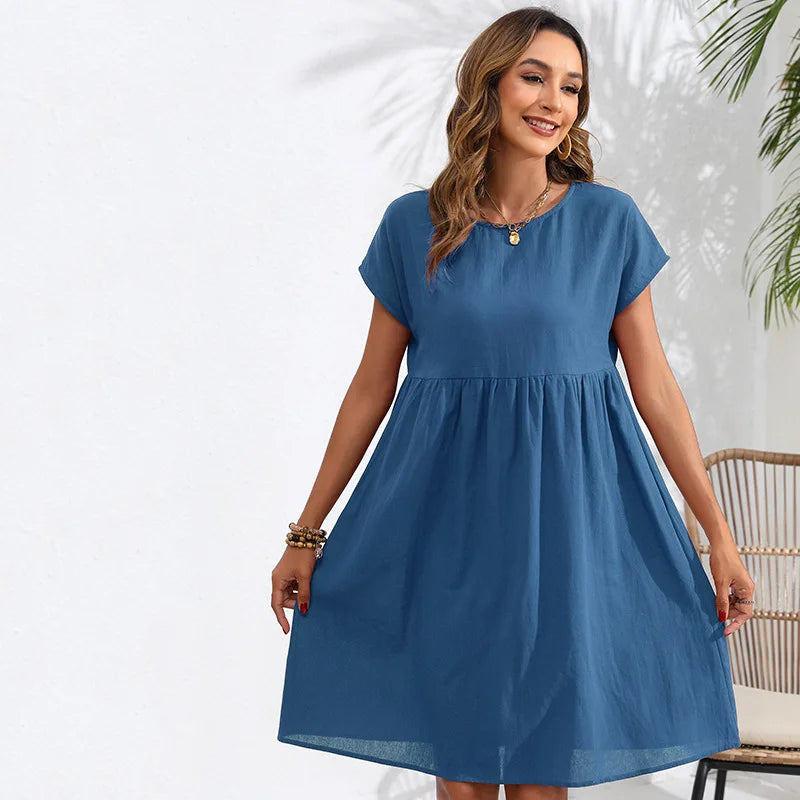 Casual Dresses- Women Cotton Linen Midi Dress for Any Setting- blue- Chuzko Women Clothing