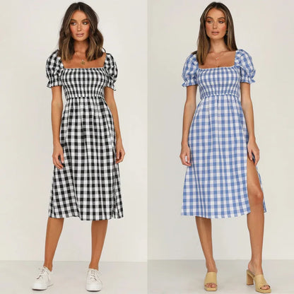 Casual Dresses- Women Tartan Gingham Puff Sleeve Dress for Every Occasion- - Chuzko Women Clothing