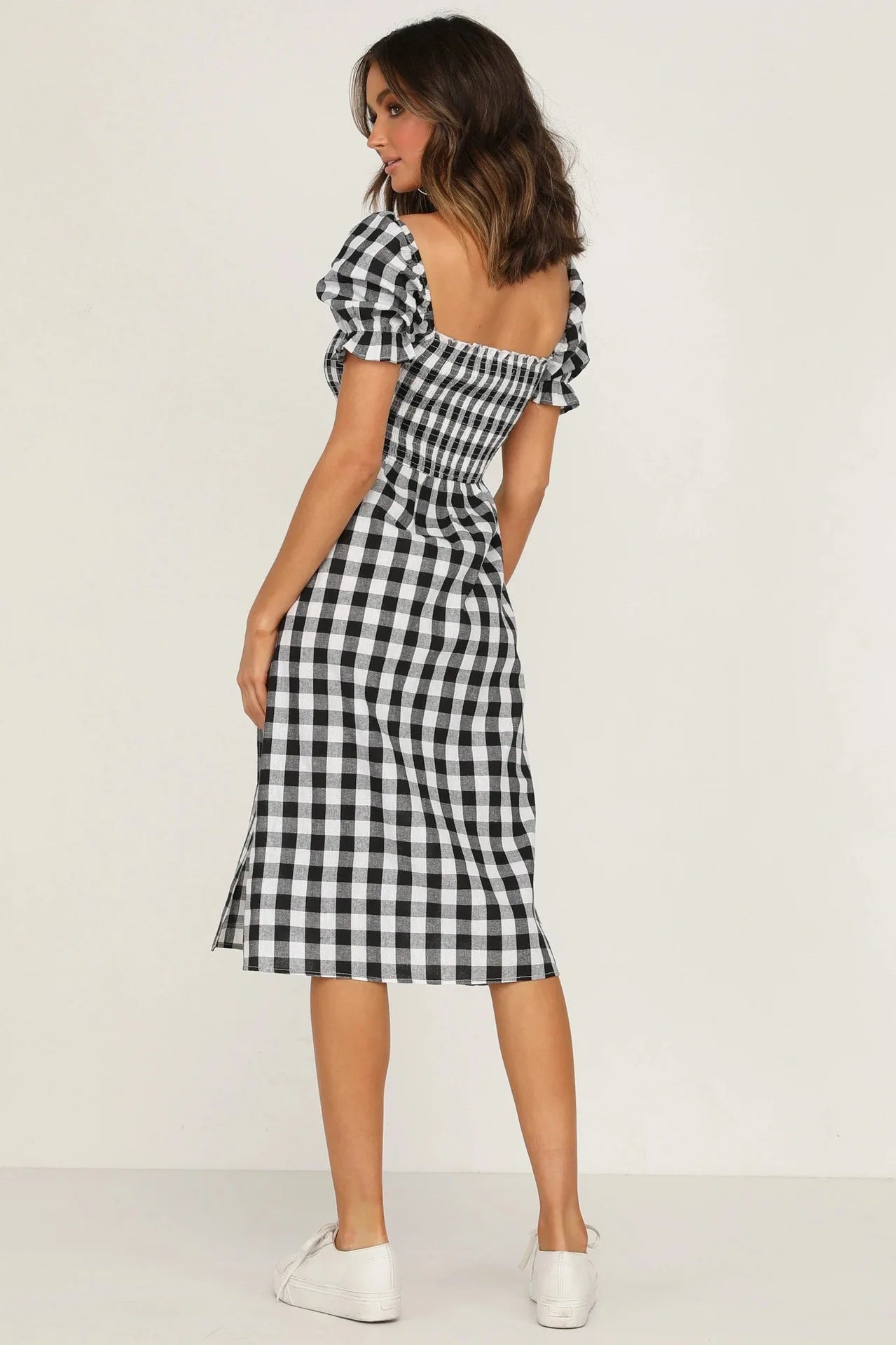 Casual Dresses- Women Tartan Gingham Puff Sleeve Dress for Every Occasion- - Chuzko Women Clothing