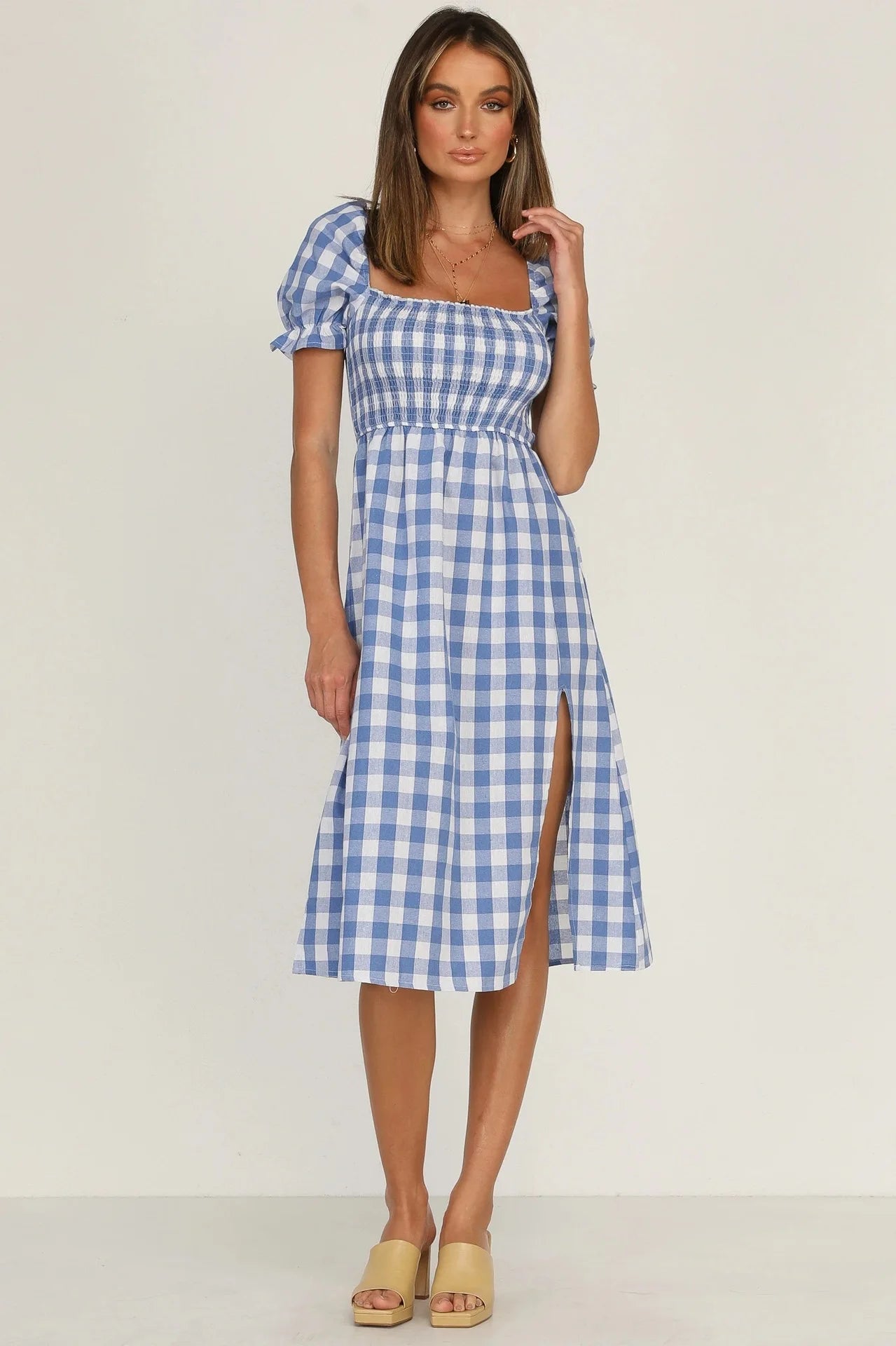 Casual Dresses- Women Tartan Gingham Puff Sleeve Dress for Every Occasion- Blue- Chuzko Women Clothing