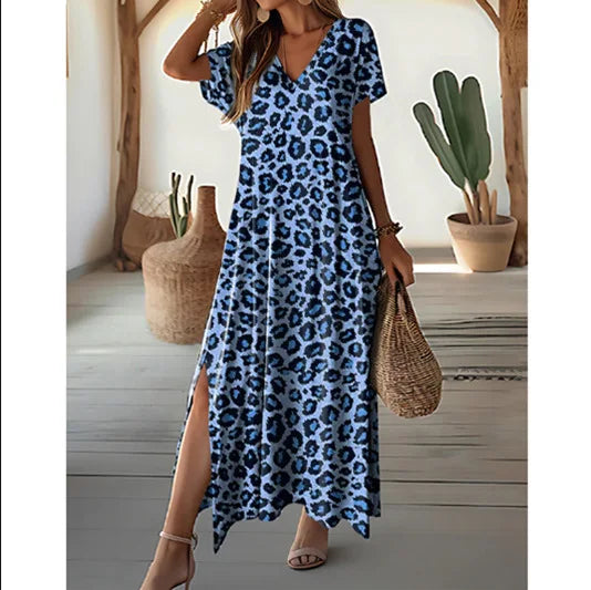 Casual Dresses- Women's Leopard Print Tunic Dress for Casual Outings & Picnics- Blue- Chuzko Women Clothing