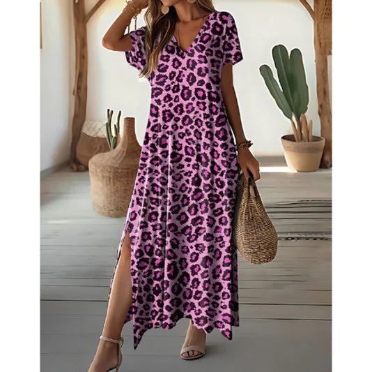 Casual Dresses- Women's Leopard Print Tunic Dress for Casual Outings & Picnics- Purple- Chuzko Women Clothing