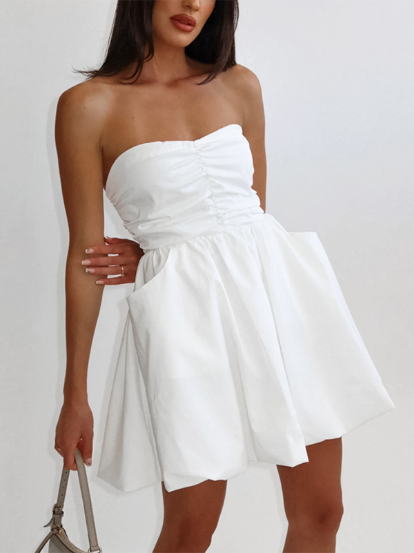 Casual Dresses- Women's Strapless Fit & Flare Mini Dress- White- Chuzko Women Clothing