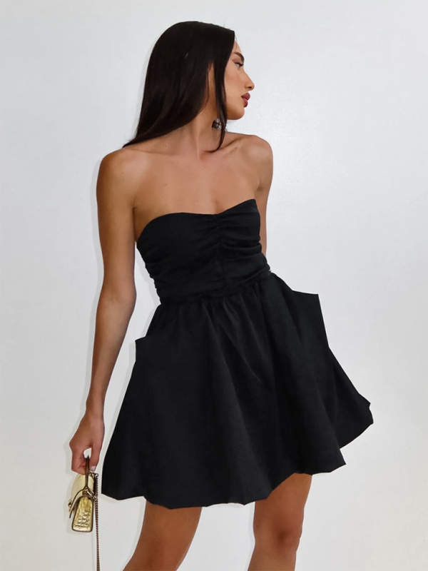 Casual Dresses- Women's Strapless Fit & Flare Mini Dress- Black- Chuzko Women Clothing