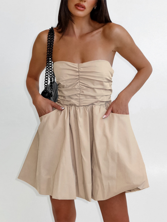 Casual Dresses- Women's Strapless Fit & Flare Mini Dress- Cracker khaki- Chuzko Women Clothing