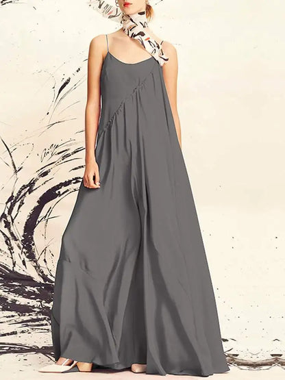 Casual Dresses- Women's Summer Loose Solid Cami Tunic Maxi Dress for Casual Comfort- GRAY- Chuzko Women Clothing