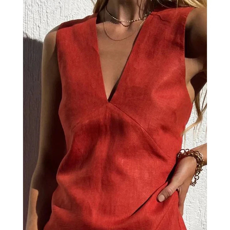 Mini robe trapèze à col en V pour femme en coton et lin pour l'été