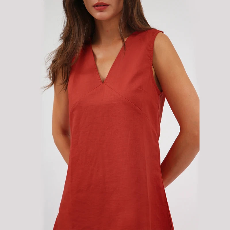 Mini robe trapèze à col en V pour femme en coton et lin pour l'été