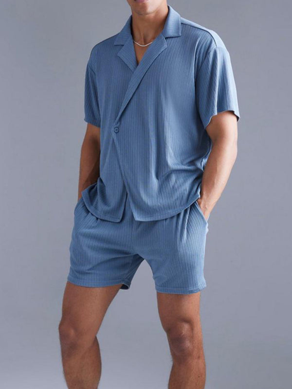 Casual Outfits- Relax Textured Notch Shirt & Matching Lounge Shorts for Men- - Chuzko Women Clothing