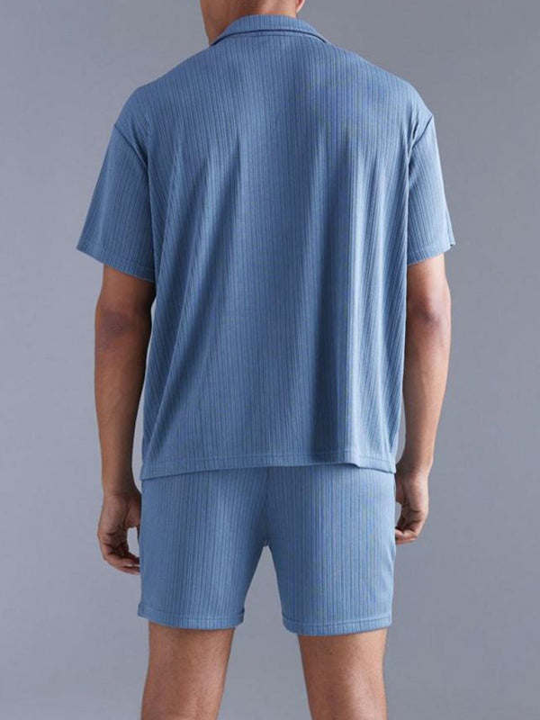 Casual Outfits- Relax Textured Notch Shirt & Matching Lounge Shorts for Men- - Chuzko Women Clothing