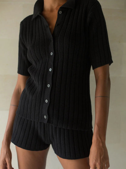Casual Outfits- Summer Knitting Ribbed Lounge Set - Shorts & Shirt- Black- Chuzko Women Clothing