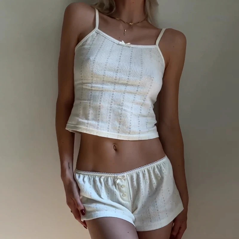 Casual Outfits- Women's Lounge Shorts and Cami Two-Piece Outfit for Relaxing Days- White- Chuzko Women Clothing