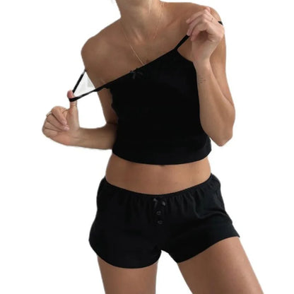 Casual Outfits- Women's Lounge Shorts and Cami Two-Piece Outfit for Relaxing Days- Black- Chuzko Women Clothing