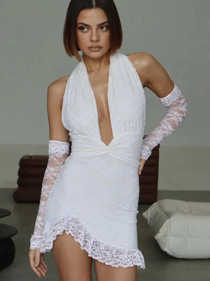 Clubbing Dresses- Romantic Lace Halter Mini Dress - Perfect for Bridal Showers- WHITE- Chuzko Women Clothing