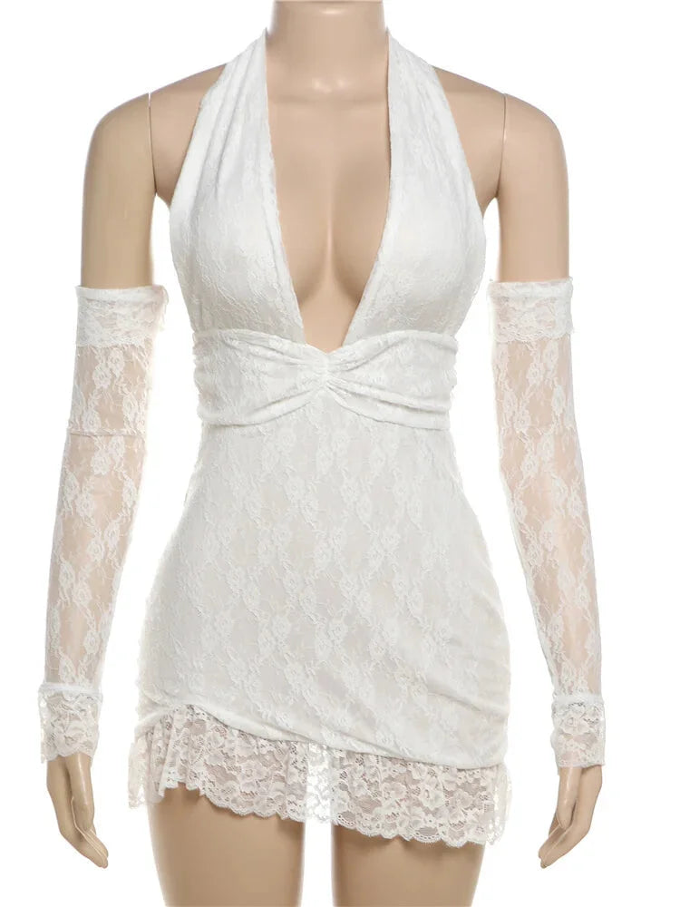 Clubbing Dresses- Romantic Lace Halter Mini Dress - Perfect for Bridal Showers- - Chuzko Women Clothing