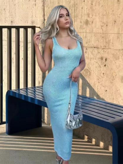 Clubbing Dresses- Women's Sleeveless Sparkle Knit Bodycon Long Dress- Acid blue- Chuzko Women Clothing