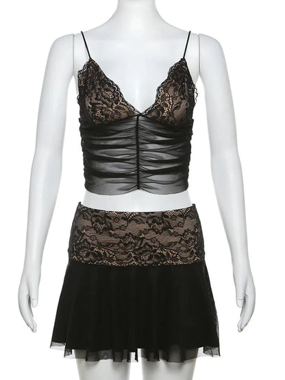 Clubbing Outfits- Contrast Tones Set Mesh Lace Cami Top and Mini Skirt- - Chuzko Women Clothing