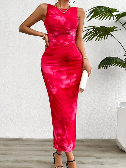 Abstract Elegance Cocktail Ruched Bodycon Midi Dress
