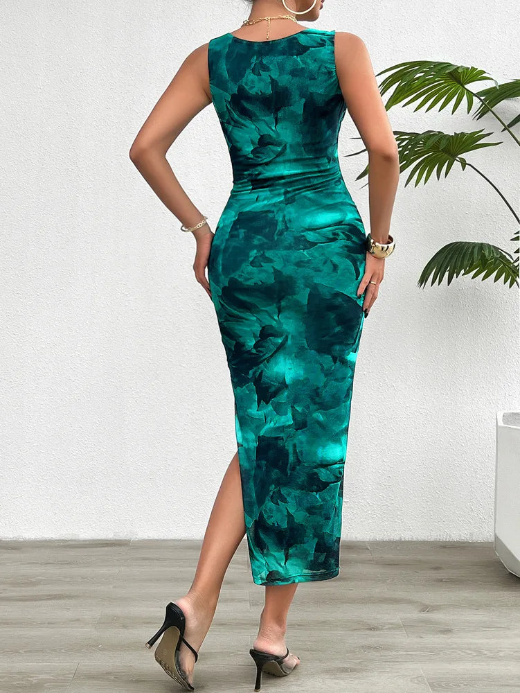 Abstract Elegance Cocktail Ruched Bodycon Midi Dress