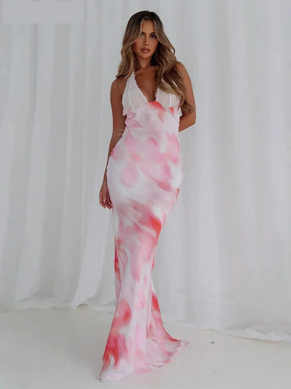 Cocktail Dresses- Abstract Print Mermaid Dress -Tailored Elegance for Cocktail Parties- Pink- Chuzko Women Clothing