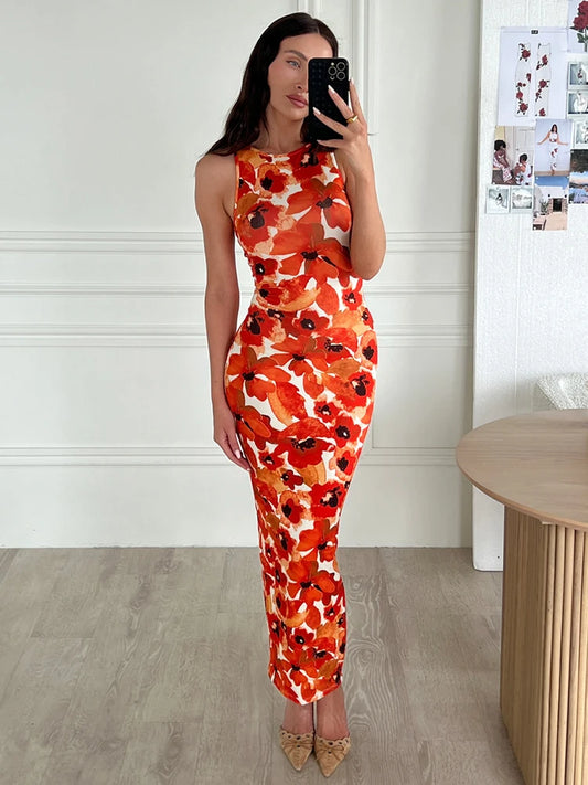 Cocktail Dresses- Bold Poppy Print Maxi Dress for Daytime Events- M L S- Chuzko Women Clothing