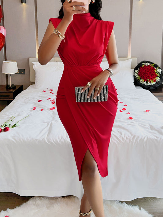 Cocktail Hour Red Stand Collar Bodycon Wrap Midi Dress