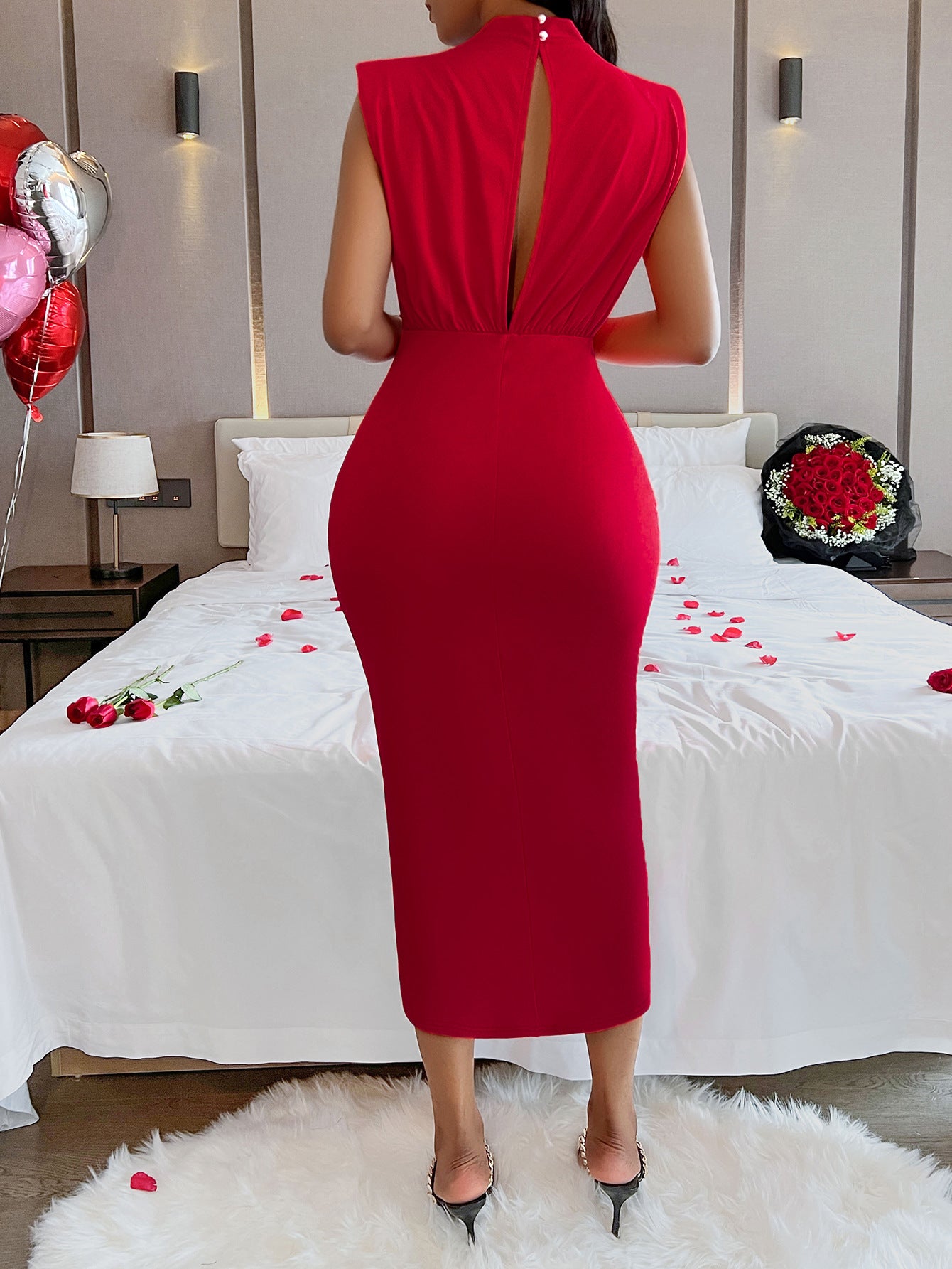 Cocktail Hour Red Stand Collar Bodycon Wrap Midi Dress