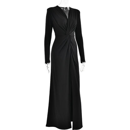 Cocktail Dresses- Cocktail Solid Surplice V-Neck Knot Maxi Dress with Long Sleeves- - Chuzko Women Clothing
