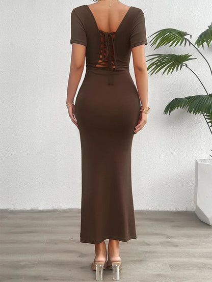 Cocktail Style Lace-Up Square Neck Mermaid Midi Dress