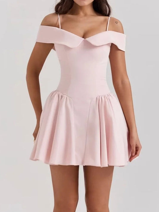 Cocktail Dresses- Elegant Off-Shoulder Fit & Flare Dress for Summer Events- Pink- Chuzko Women Clothing