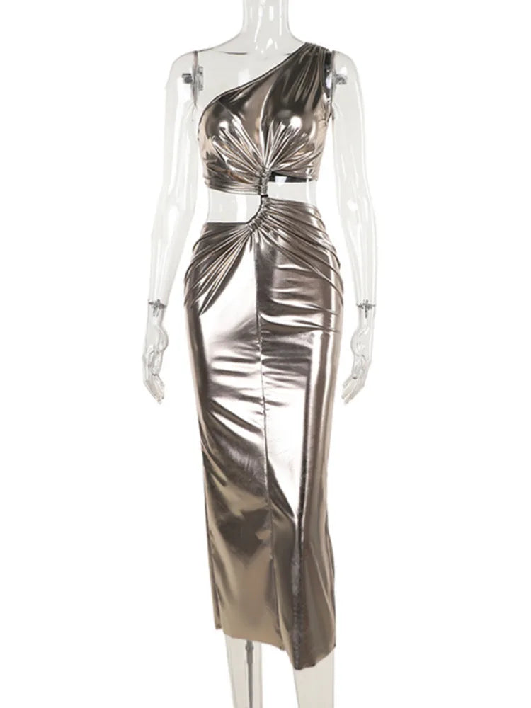 Cocktail Dresses- Elegant One-Shoulder Metallic Dress for Cocktail Parties- - Chuzko Women Clothing