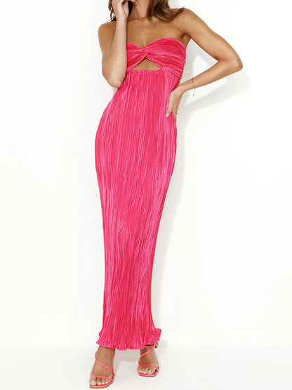 Cocktail Dresses- Elegant Pink Pleated Maxi Dress for Special Occasions- - Chuzko Women Clothing