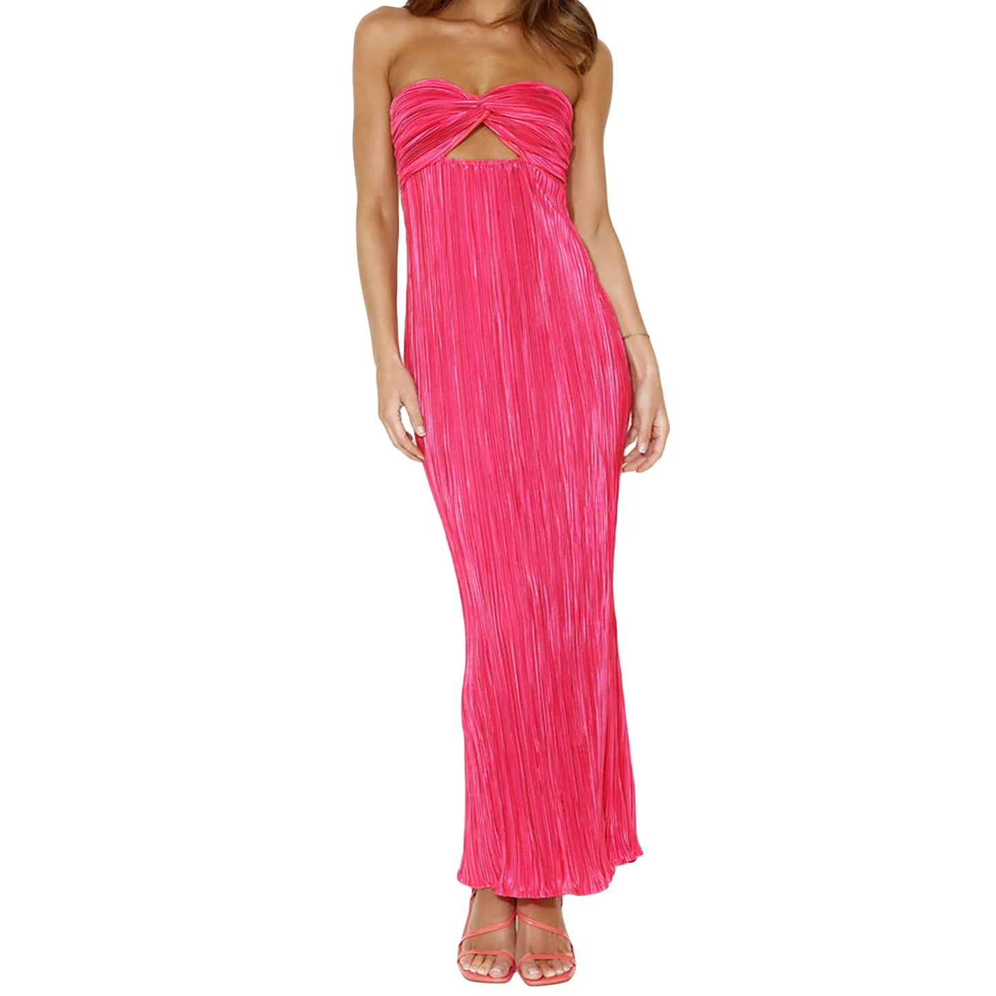 Cocktail Dresses- Elegant Pink Pleated Maxi Dress for Special Occasions- Pink- Chuzko Women Clothing