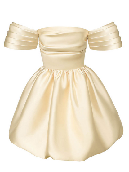 Cocktail Dresses- Elegant Satin Party Dress with Puff Sleeves- - Chuzko Women Clothing