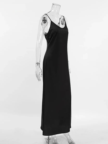 Cocktail Dresses- Elegant Satin in a Black Slip Dress- - Chuzko Women Clothing