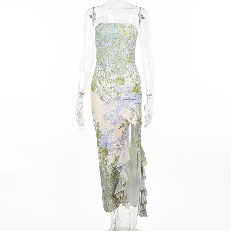 Cocktail Dresses- Elegant Strapless Tube Dress in Botanical Print- Light Green- Chuzko Women Clothing