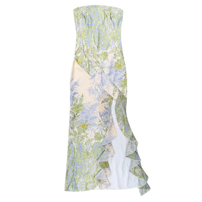 Cocktail Dresses- Elegant Strapless Tube Dress in Botanical Print- - Chuzko Women Clothing