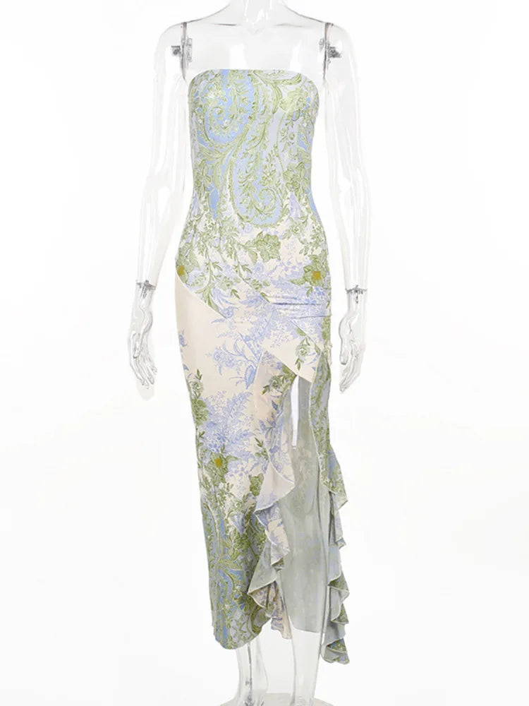 Cocktail Dresses- Elegant Strapless Tube Dress in Botanical Print- - Chuzko Women Clothing