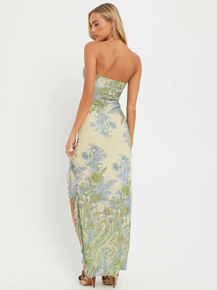 Cocktail Dresses- Elegant Strapless Tube Dress in Botanical Print- - Chuzko Women Clothing