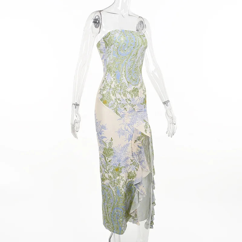 Cocktail Dresses- Elegant Strapless Tube Dress in Botanical Print- - Chuzko Women Clothing