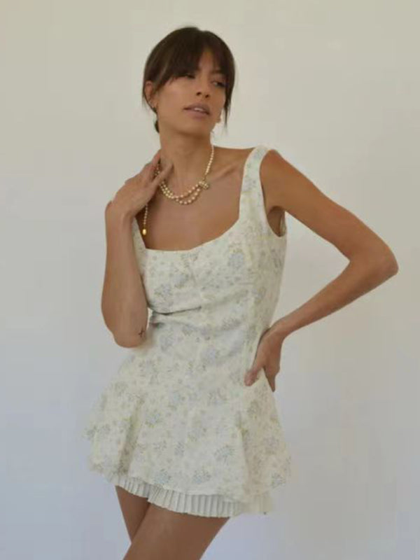 Cocktail Dresses- Elegant Summer Mini Dress with Square Neck & Floral Print Layers- - Chuzko Women Clothing