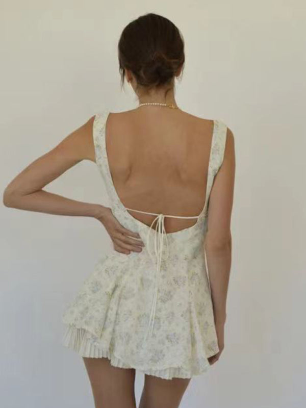 Cocktail Dresses- Elegant Summer Mini Dress with Square Neck & Floral Print Layers- - Chuzko Women Clothing