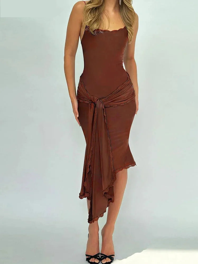 Cocktail Dresses- Elegant Wedding Guest Body-Hugging Midi Dress with Side Knot- Coffee- Chuzko Women Clothing