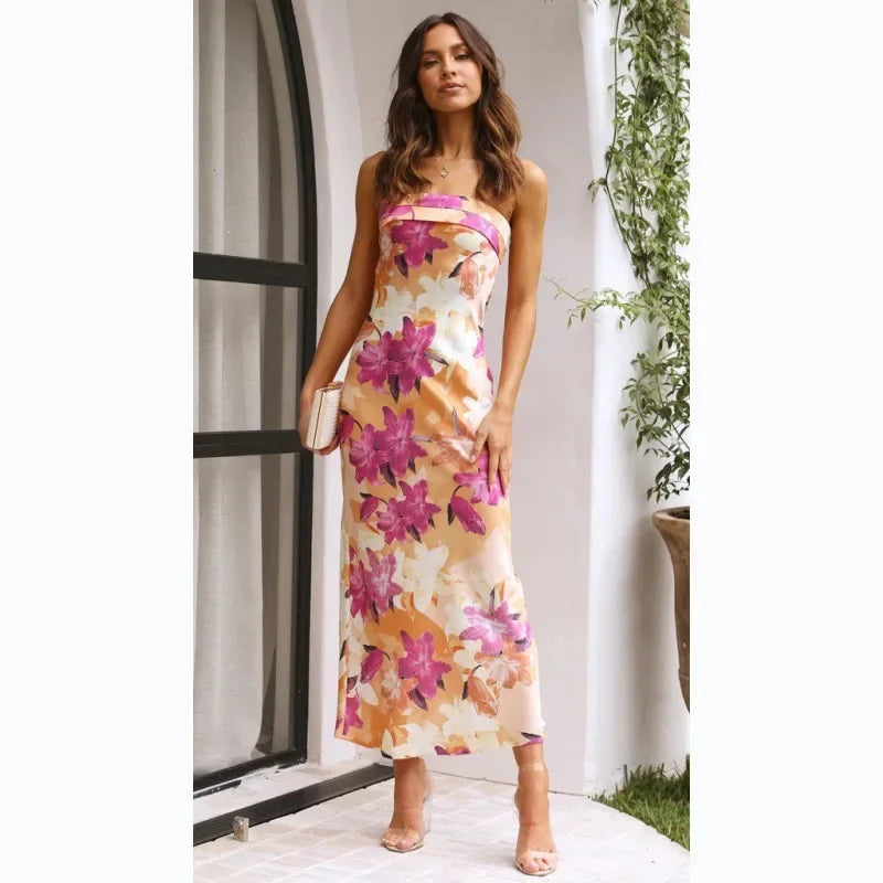 Cocktail Dresses- Floral Strapless Midi Dress for Weddings and Beach Parties- L S XL M- Chuzko Women Clothing